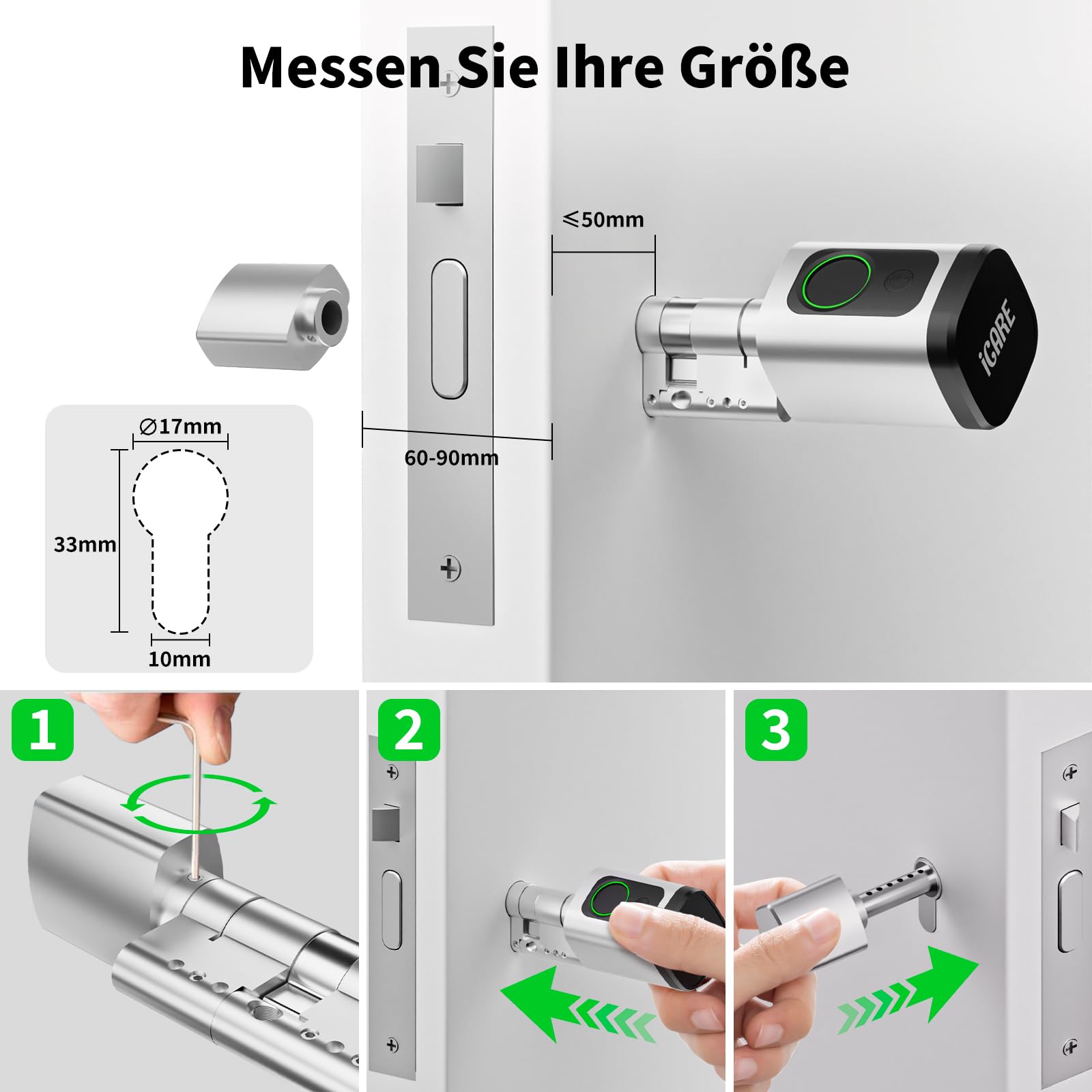 Türschloss Fingerabdruck Smart Lock, Schließzylinder 60-90mm(30/30,45/45), Elektronisches Fingerabdruck Türschloss Haustürschloss mit RFID, App, Bluetooth, Tasten Smart Türschloss mit Zahlencode 6