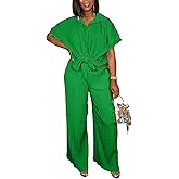 Dezraia Casual Two Piece Set for Women - Button Down Shirt and Wide Leg Pants Matching Set Tracksuits