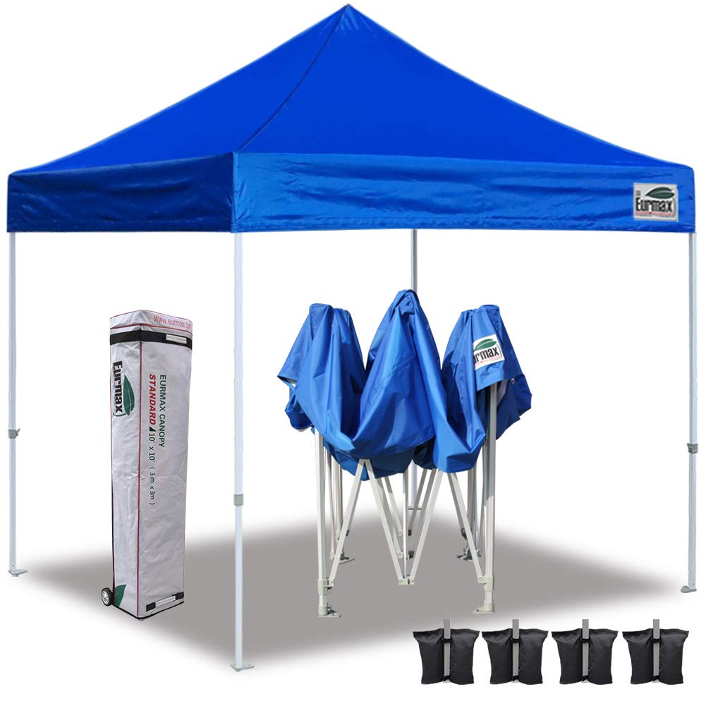 Eurmax 10'x10' Ez Pop Up Canopy Tent Commercial Instant Canopies with Heavy Duty Roller Bag,Bonus 4 Sand Weights Bags (Blue)