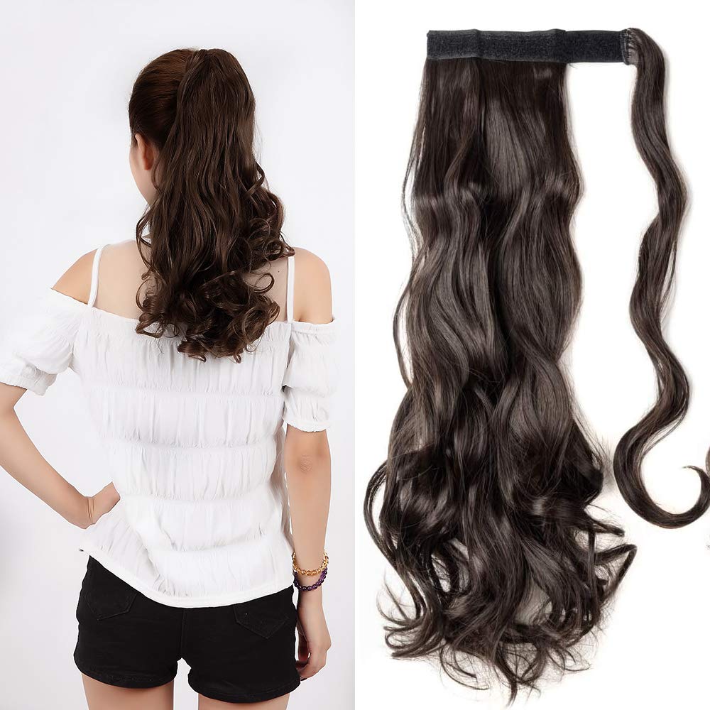 Ponytail Hair Extension 17inch Dark Brown Clip in Pony Tail Curly Synthetic Wrap Around Extension Hairpiece