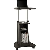 Techni Mobili Adjustable Height Rolling Laptop Cart with Storage, Graphite | Adjustable height rolling laptop cart with storage drawer, open shelf, wheels, sit‑stand design for office or medical use