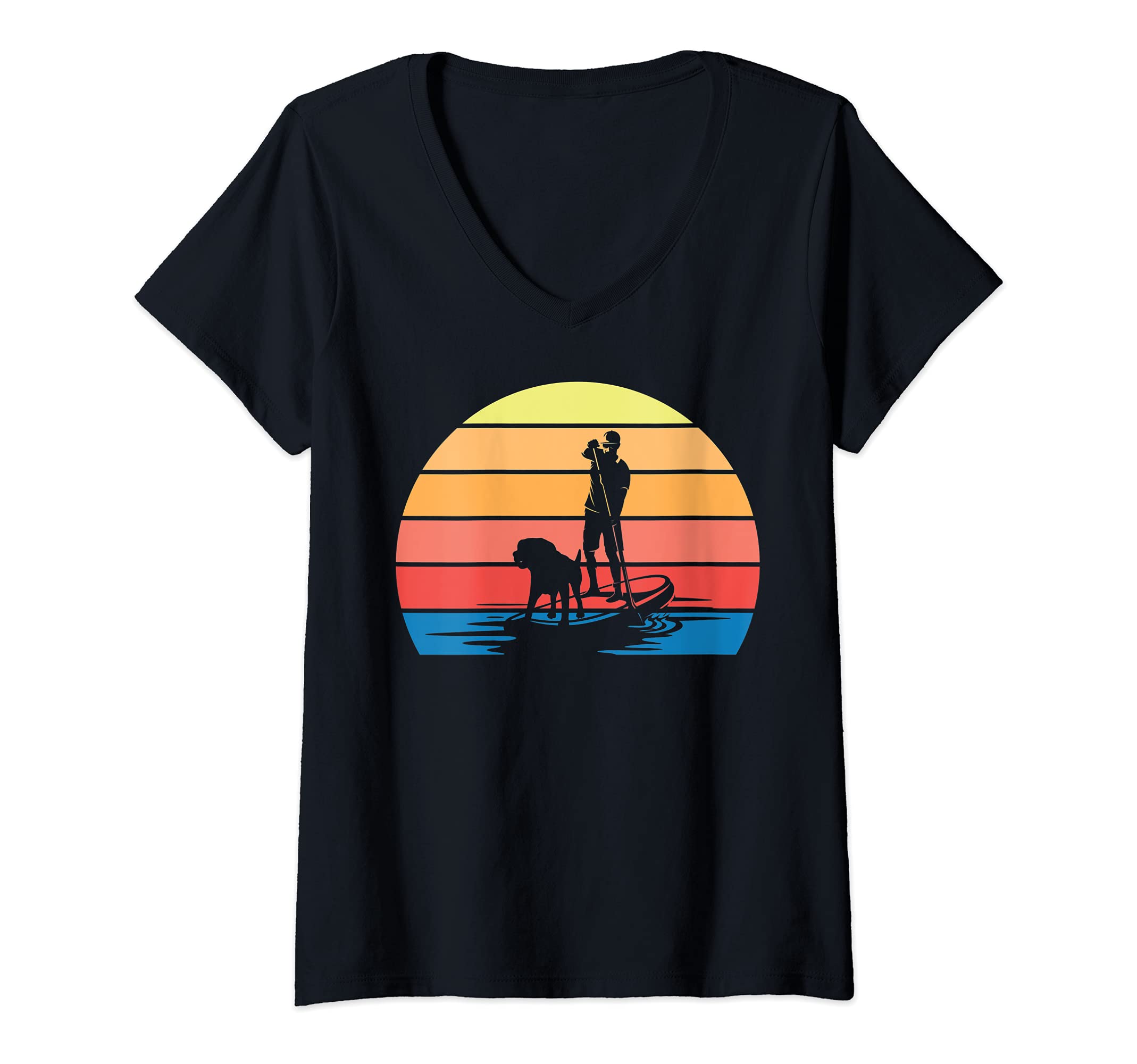 Womens Sunset Stand Up Paddleboarder Dog Animal Paddling SUP V-Neck T-Shirt