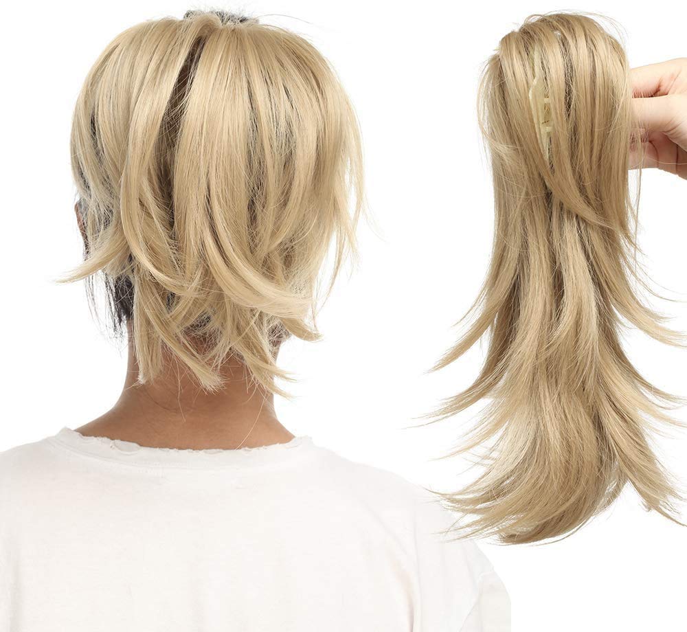 Blonde Ponytail Extension 12inch Short Pony Tails Bendable Claw on Hairpiece Synthetic Hair