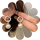 Allereyae Vintage Crystal Square Earrings Rhinestone Pearl Drop Earrings Gold Pearl Dangle Earrings Hollow Sparkly Cz Square Stud Earrings Jewelry for Women
