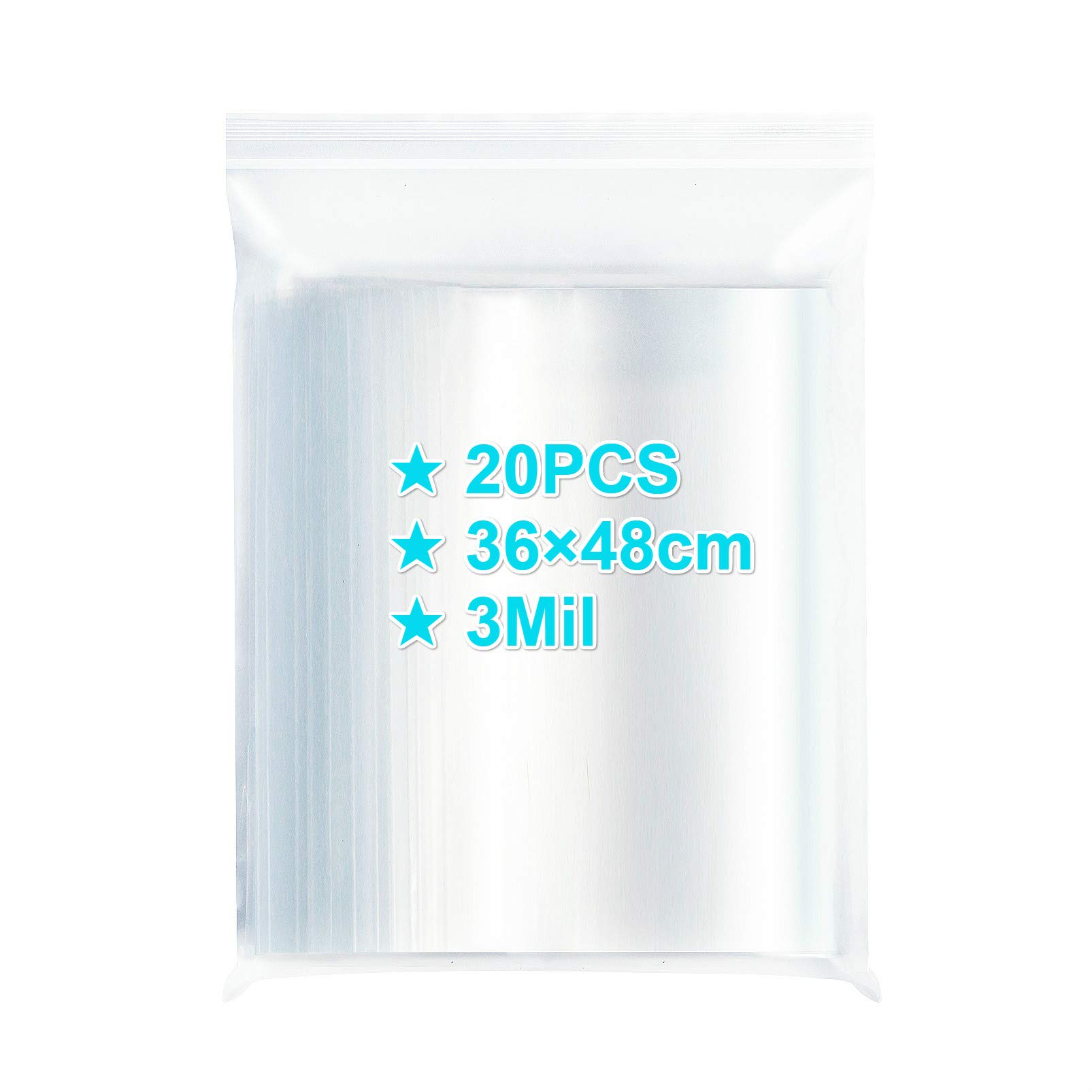 Large Resealable Ziplock Bags 36×48cm, 20PCS, 3 Mil Extra Thick Clear Plastic Grip Seal Bags with Lock Seal Zipper, Storage Pouches for Clothing T-Shirt Photo Freezer Packaging