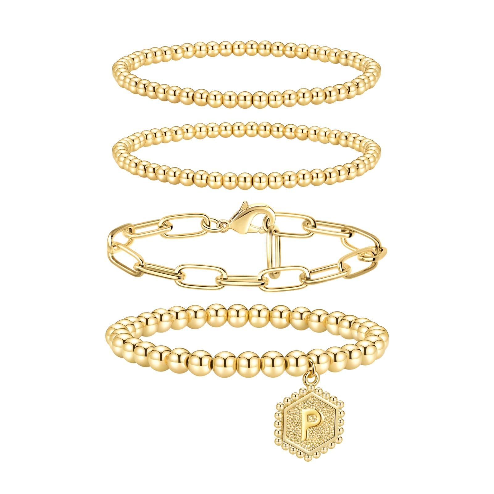 doubgood Gold Bracelets for Women, 14K Gold Plated Stackable Initial Beaded Bracelet with Letter Pendant P Waterproof Stretch Trendy Stack Jewelry Set Gifts for Women