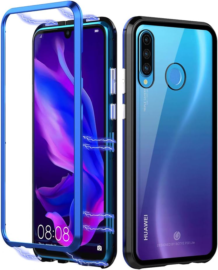 Eastcoo Compatible with Huawei P30 Lite Mobile Phone Cases, Strong Magnetic Adsorption Technology Metal Frame, Transparent Tempered Glass Back Cover for Huawei P30 Lite Phone Cases(P30 Lite,Blue)