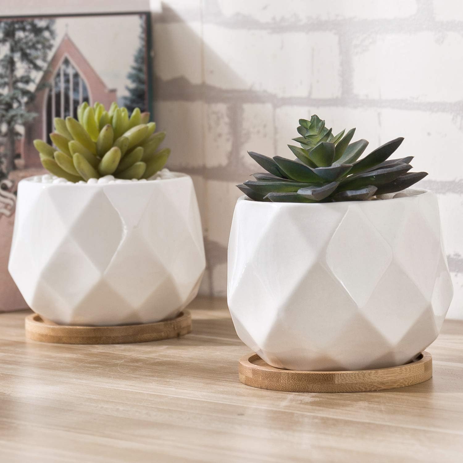 MyGift 4-Inch Small Geometric White Ceramic Plant Pots with Bamboo Tray, Set of 2