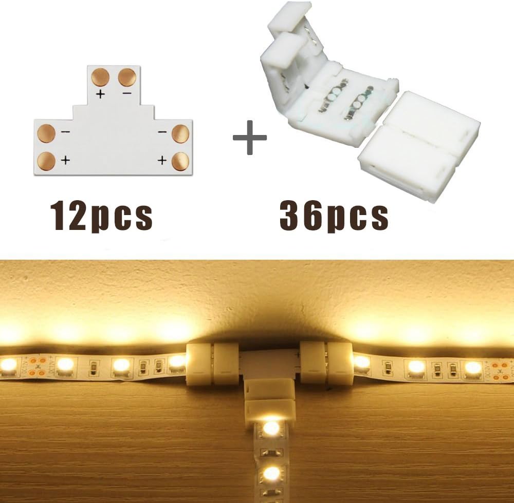 FINELED 12 PCS T Shape 2-pin 10mm Strip Light Corner Connector Quick Splitter for 5050 5630 3014 2835 3528 Single Color LED Strip Light,Connectors included (12 X T Shape PCB + 36 X Connector)