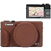 Pocoukate Case for Canon G7X Mark III Camera, Soft Silicone Protective Cover with Removable Lens Cover and Screen Protector - Coffee