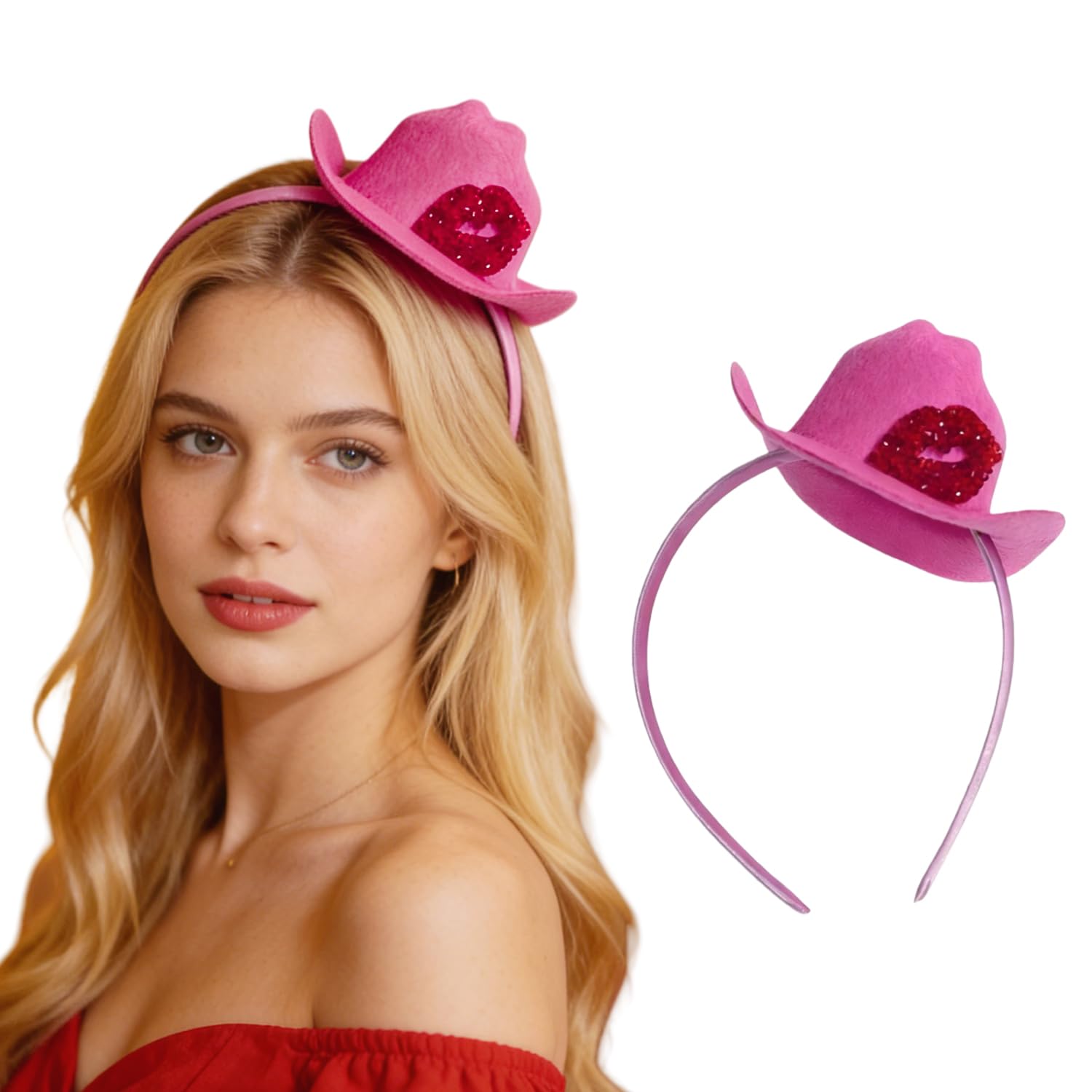 Photo 1 of 1Pcs Valentines Headbands Mini Cowboy Hat Red Lips Rhinestones Design Pink Headband Romantic Red Lip Headbands Valentines Hair Accessories Romantic Hot Pink Headpiece for Women Wedding Hair Decoration