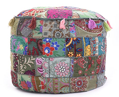 iinfinize 18x14 Vintage Patchwork Bohemian Patchwork Ottoman 100% Cotton Traditional Vintage Indian Round Pouf Floor Cushion Cover Indian Vintage Patchwork Ottoman Pouf , Indian Living Room Pouf,
