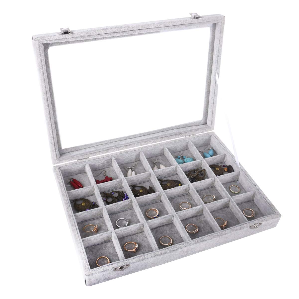 AUTOARK Ice Velvet Clear Lid 24 Grid Jewelry Tray Showcase Display Organizer,AJU-022