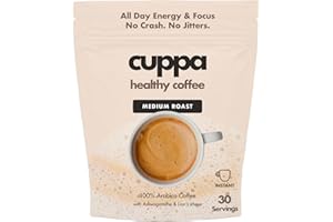 CUPPA HEALTHY COFFEE Cuppa Healthy Mushroom Insant Coffee with Lion's Mane & Ashwagandha for All Day Energy & Focus - No Crash or Jitters - Nootropics for Brain Health, Gut Health, Immunity, Stress, Memory + Mood (30 Servings, Medium Roast)