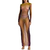 Kasopp Women’s Sheer Mesh Sexy Bodycon Long Sleeve Ruched Maxi Dress Printed Slim Fit Party Club Dresses