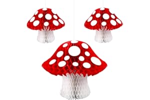 KAXIXI 3Pcs Mushroom Honeycomb Decor Mushroom Shaped Tissue Paper Pom Decorations for Jungle Wonderland Themed Birthday Party 3D Mushroom Honeycomb Centerpiece for Fairy Baby Shower Garden Decoration
