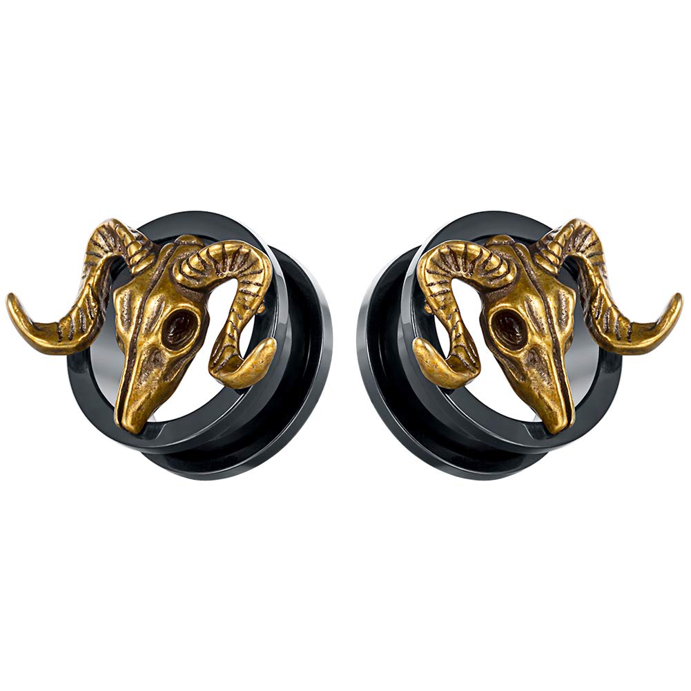 TBOSEN 2PCS Stainless Steel Retro Ram Goat Skull Ear Plugs Large Gauges Stretching Screw Fit Tunnels Piercing Expander Gauges 2g - 1inch 6mm-25mm