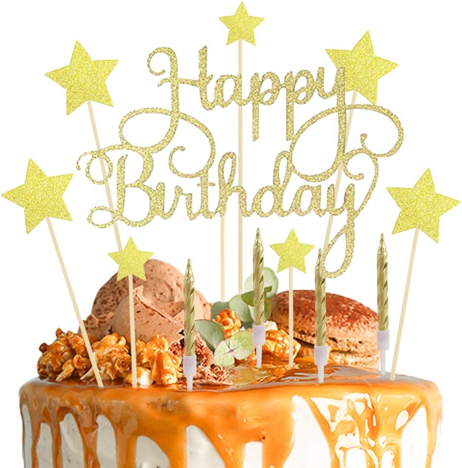 Lifreer Happy Birthday Cake Topper Gold Birthday Cake Decorations Cake Toppers Stars Cake Toppers with Gold Candles for birthday decoration