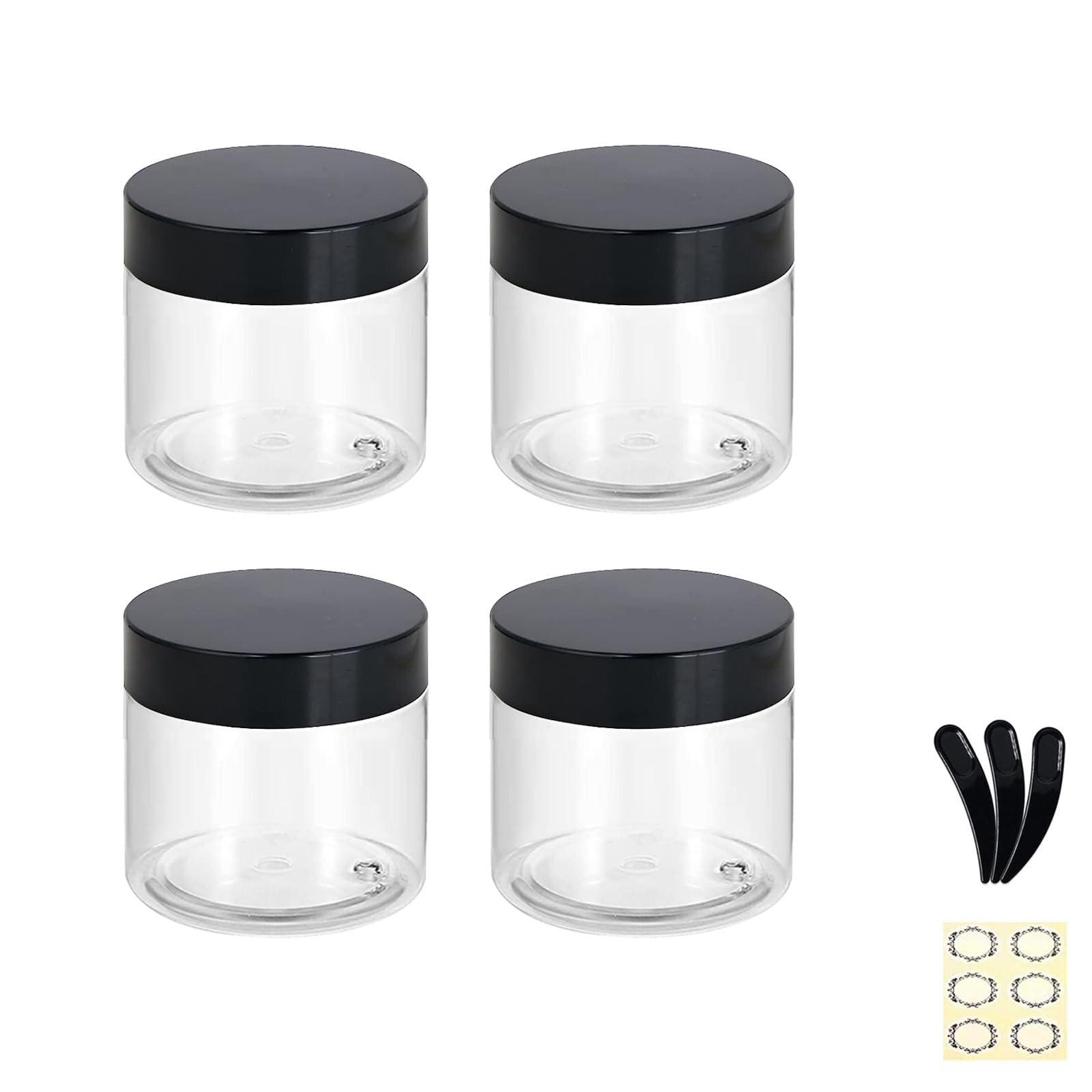 Apstaqeoo 4PCS 150ML Empty Plastic Jars With Black Lids, Clear Round Face Cream Jars Cosmetic Container Travel Storage Jar With Inner Liners for Body Scrub/Lotion/Powder/Ointment/Salves/Sample/Makeup
