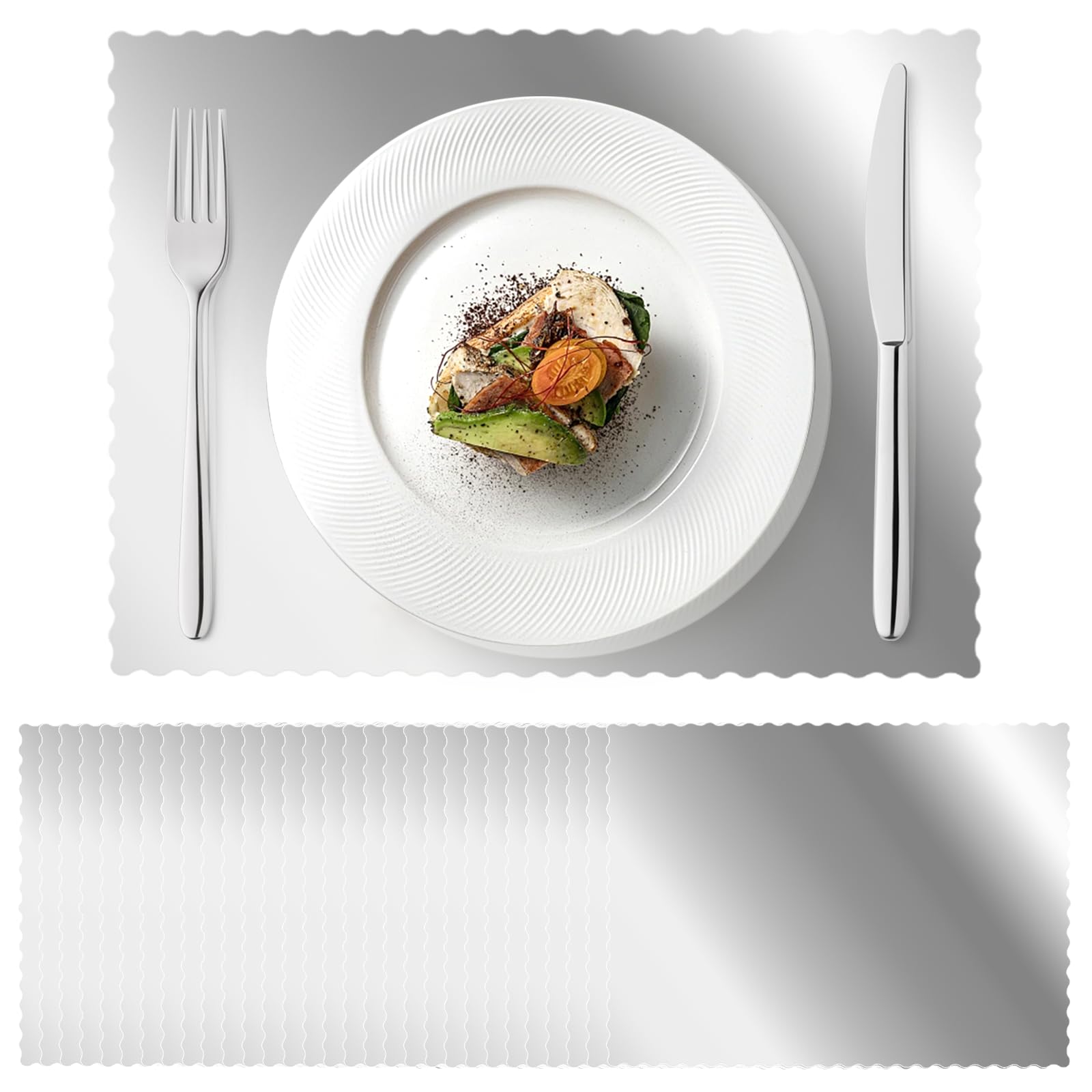 Photo 1 of 100 Pcs Sliver Placemats Bulk 10 x 14 Scalloped Disposable Paper Placemats Decorative Mirror Foil Chargers Table Mat for Kitchen Wedding Baby Shower Banquet Party Holiday Table Decor