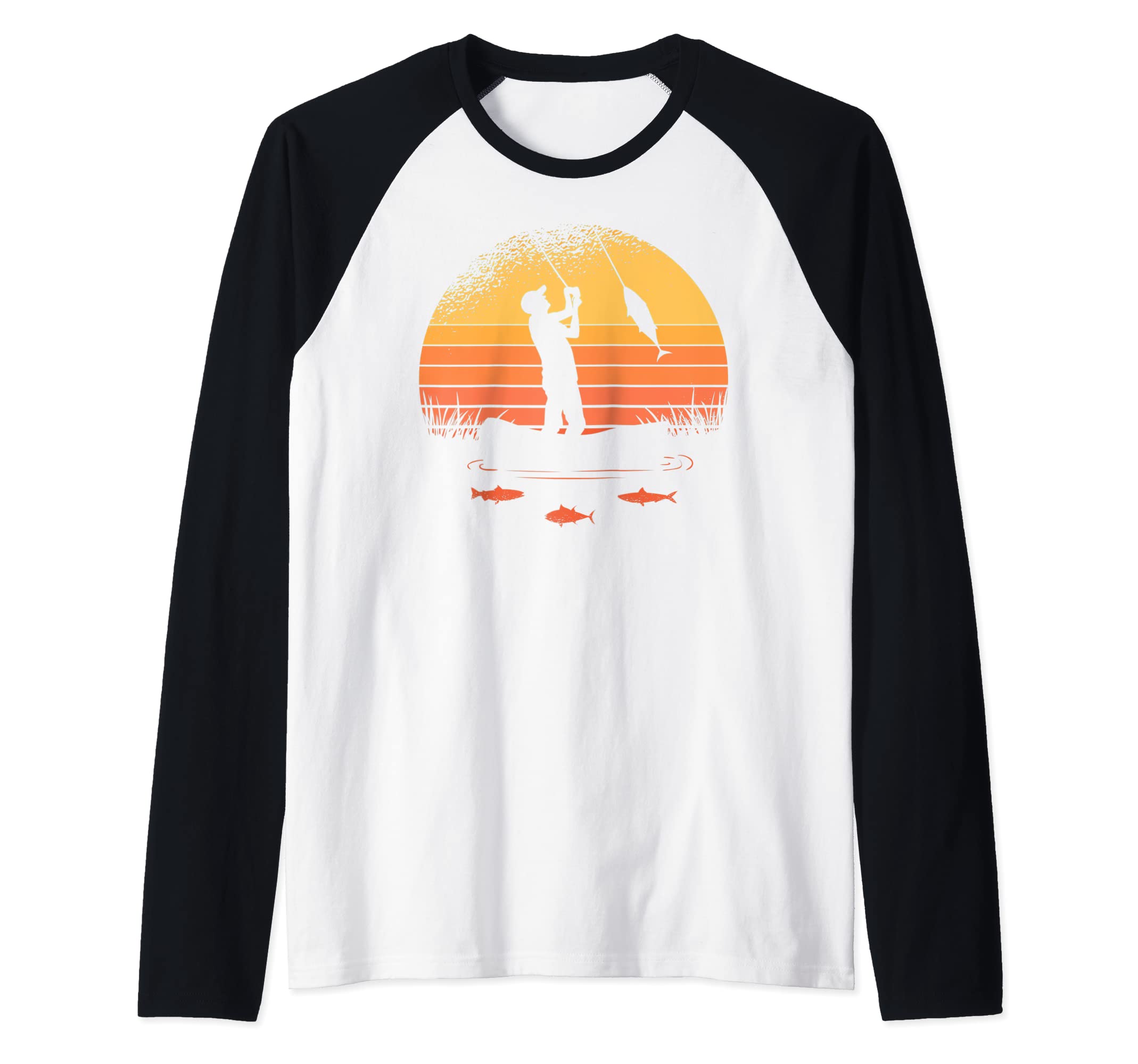 Fishing Silhouette Retro Vintage Sunset Fish Pole Fisher Raglan Baseball Tee