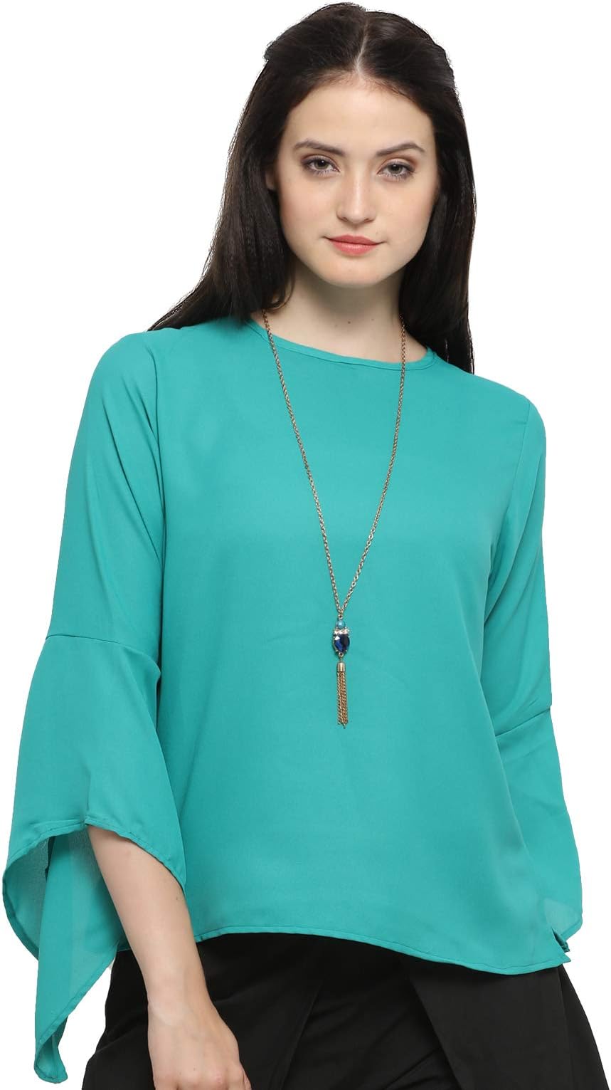 Serein Women's Top (Green Georgette top with Cross Bell Sleeves)