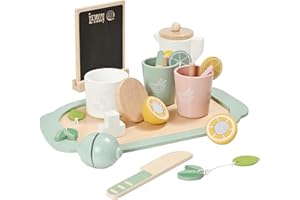 MONT PLEASANT 22pcs Wooden Tea Set for Little Girls, Toddler Tea Set with Lemons Kids Pretend Play Kitchen Accessories, Wooden Toys Lemonade Playset Gift Kids Tea Party Set with Sugar and Tea Bag