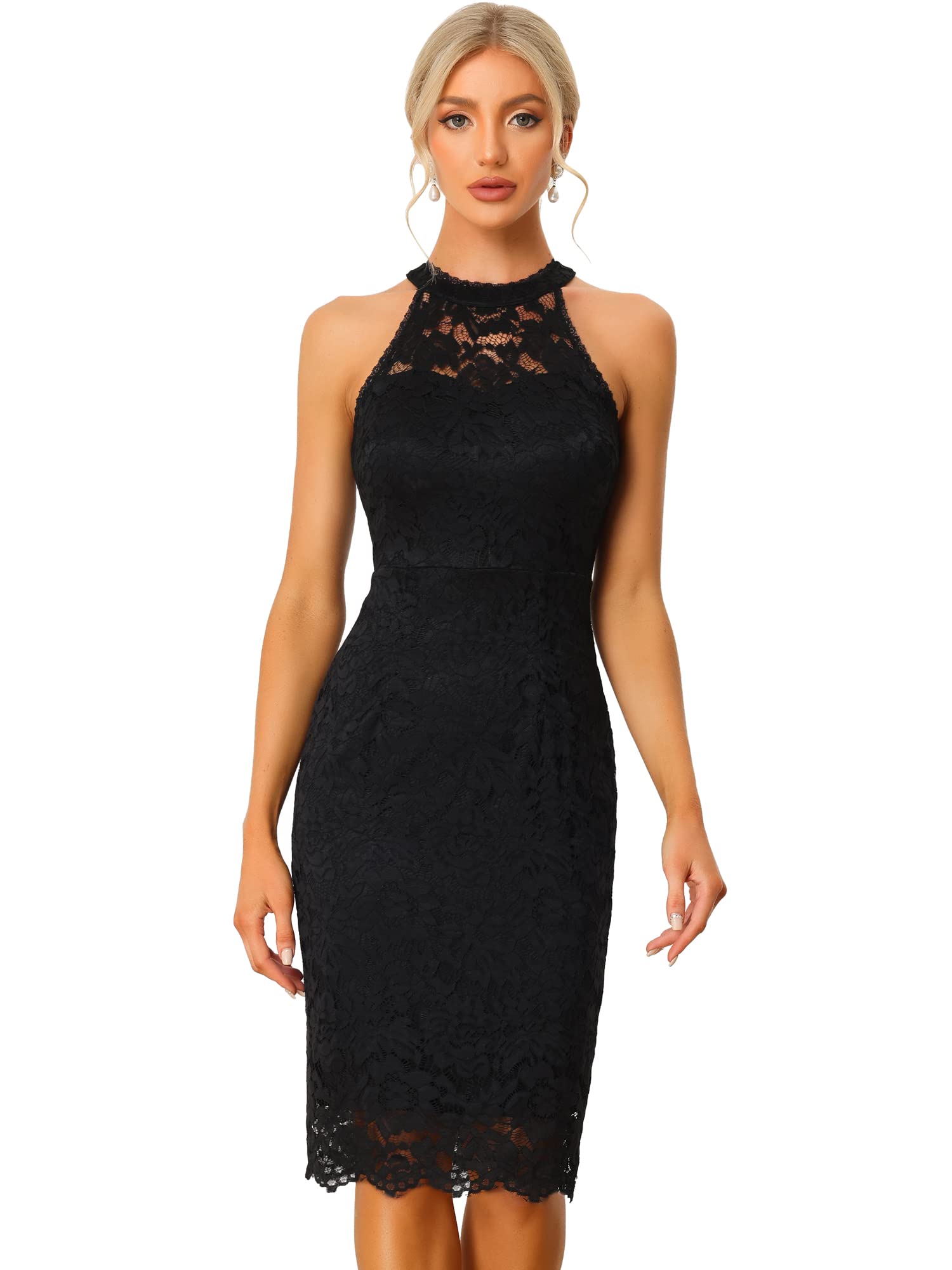 Photo 1 of Allegra K Halter Formal Dress for Women's Sleeveless Bodycon Wedding Guest Cocktail Lace Sheath Dress Medium Black