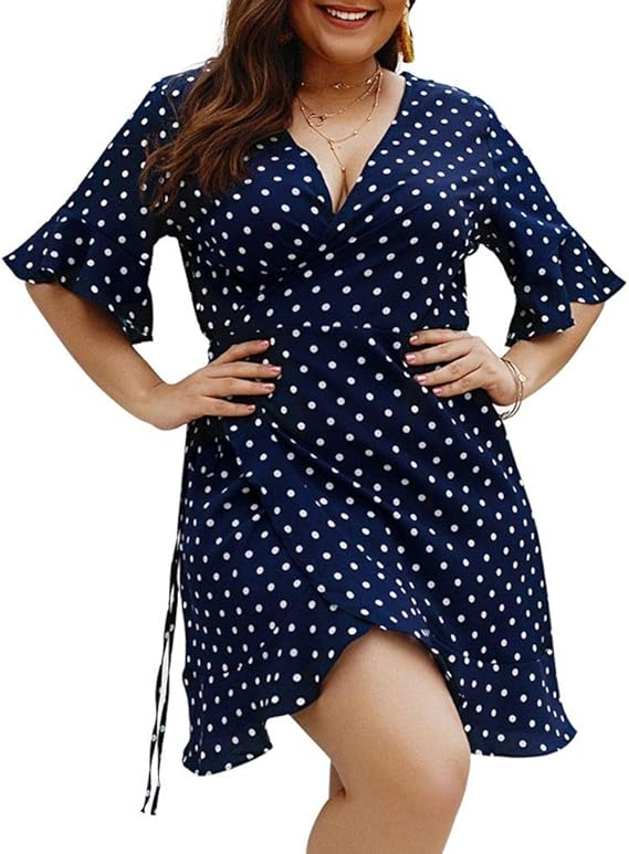Xiang Ru Femme Robe à Pois Grande Taille Casual Col V Profond Manches  Courtes: Amazon.fr: Vêtements et accessoires