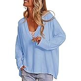 Tankaneo Womens Oversized T Shirts Casual V Neck Batwing Long Sleeve Shirts Loose Fit Tunic Tops Sky Blue