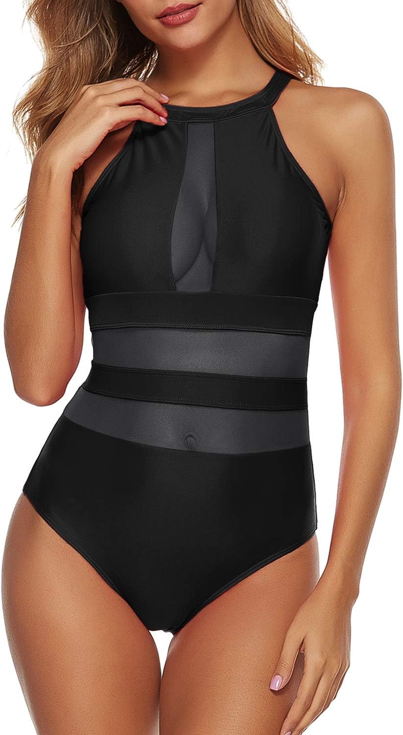 Women One Piece Swimsuit High Neck Tummy Control Swimming Deep V Cutout Mesh Plus Size Swimwear Bikini Bathing Suit