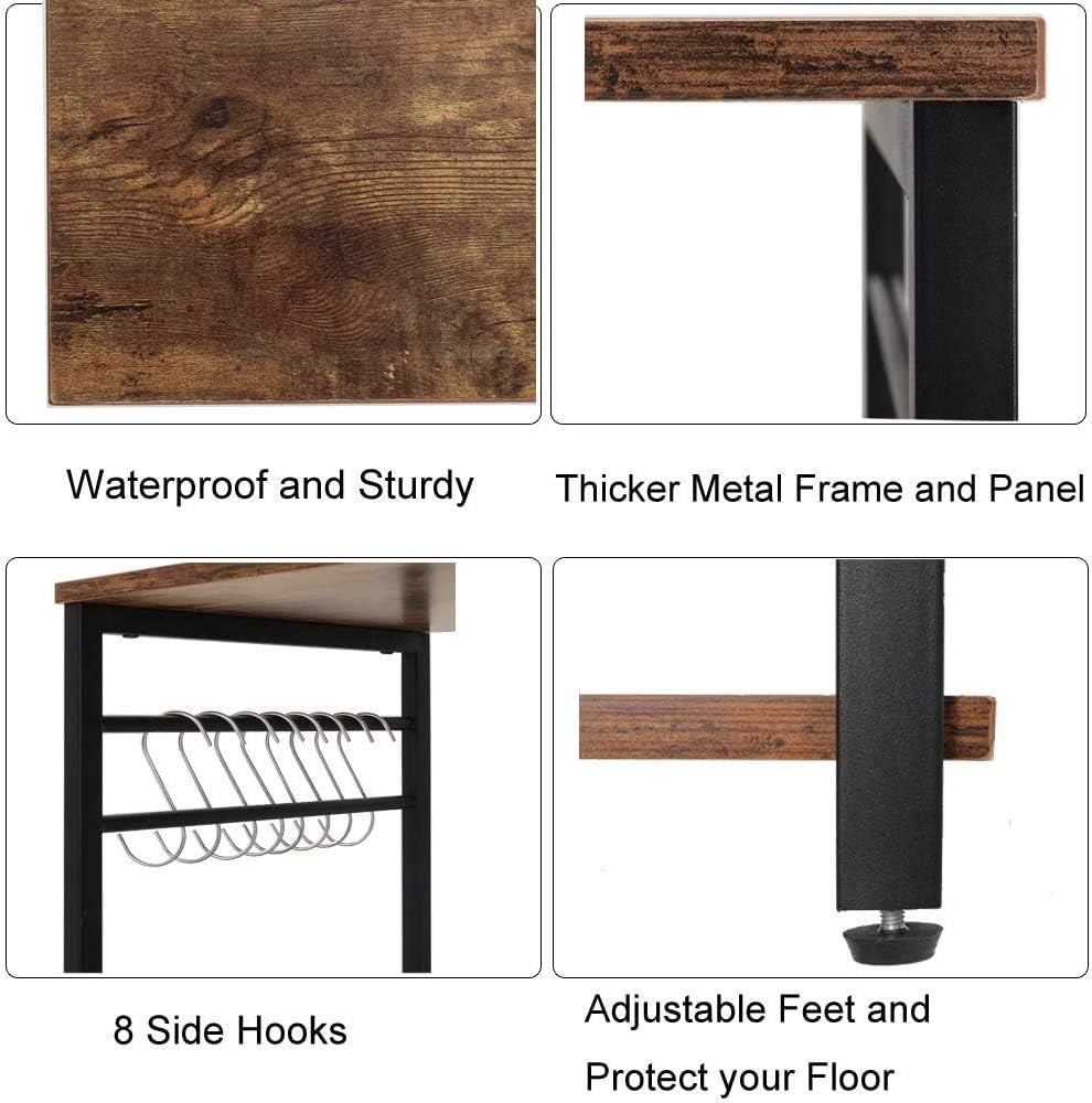 IWELL Tall Kitchen Baker's Rack with Storage Cabinet & 8 Hooks, Microwave Stand with 3 Shelves, Microwave Cabinet with Storage, Cupboard, Sideboard, Utility Storage Shelf for Kitchen, Brown - Standing Baker's Racks