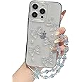 Vinlayss Compatible for iPhone 14 Pro Max Case (6.7-inches, 2022) with Cute 3D Bowknot and Pearl Patterns + Bow Crystal Sparkle Sparkly Chain Aesthetic Design for Women Teen Girls