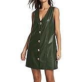 EZAPINE Women Faux Leather Mini Dress Sleeveless V Neck Button Down Pinafore Dress