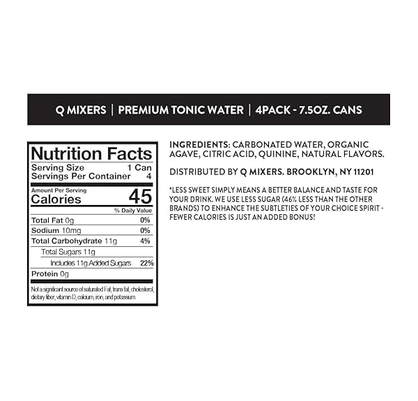 Q TONIC WATER WITH REAL QUININE & ORGANIC AGAVE – IDEAL FOR COCKTAILS & MOCKTAILS – MADE WITH REAL INGREDIENTS, PERFECTLY CARBONATED & LESS SWEET – 45 CALORIES PER CAN – 7.5 FL OZ (PACK OF 24)