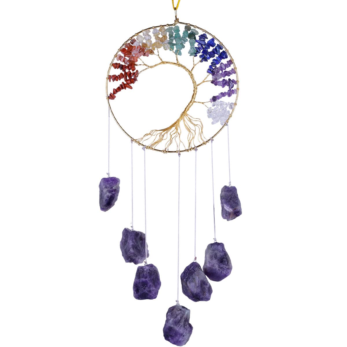 Nupuyai Amethyst Crystal Stone Tree of Life Hanging Ornament, Energy Healing Irregular Raw Stone Wall Window Wedding Home Decor