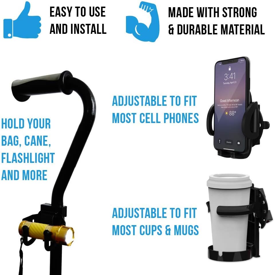Mobility Combo Pack - Cup Holder, Phone Holder and Hooks for Walkers Wheelchairs and Strollers, Black - Image 5
