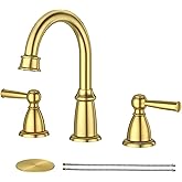 CREA Gold Bathroom Faucet 3 Hole,2 Handles 8 Inch Widespread Bathroom Faucets with Drain,360°Swivel 3 Pieces Brushed Gold Faucet for Bathroom Vanity Basin Mixer Tap(cPUC Supply Line)