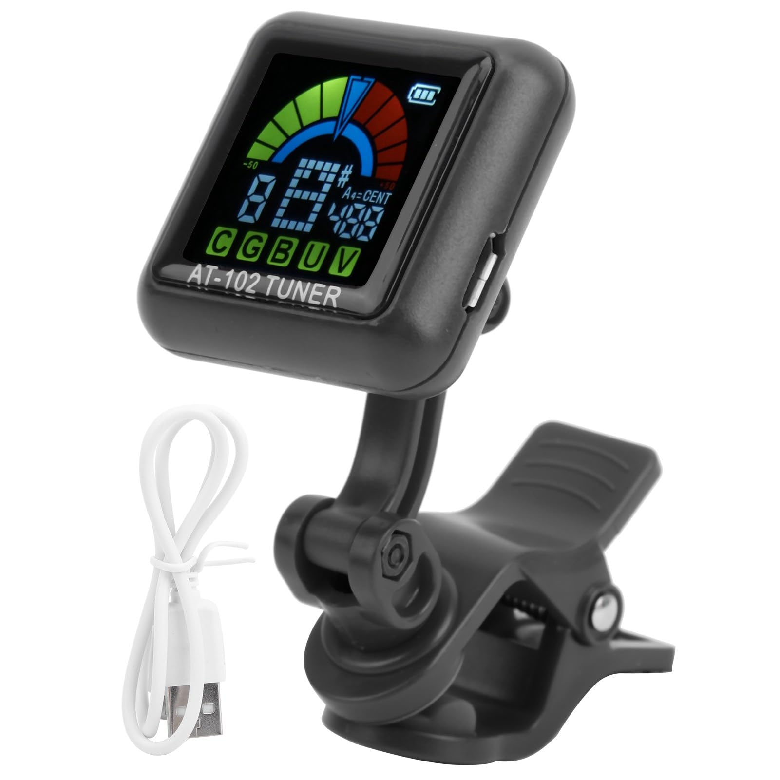 Clip-On Guitar Tuner USB Rechargeable Headstock Tuner Electric Guitar Tuner for Violin Ukulele Tuner AT‑102 with Color Screen(AT-102 Black)