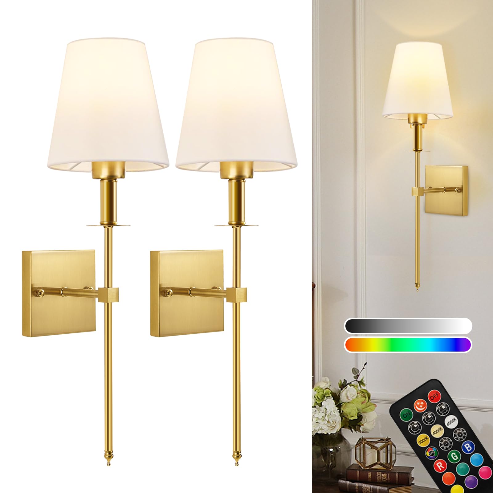 Photo 1 of KARTOOSH Battery Operated Wall Sconce Set of Two, Rechargeable Wireless Wall Lights with Remote Control,Dimmable,3000K/4000K/6000K, RGB,Timer, No Wired Sconces for Bedroom,Living Room,Fireplace,Brass
