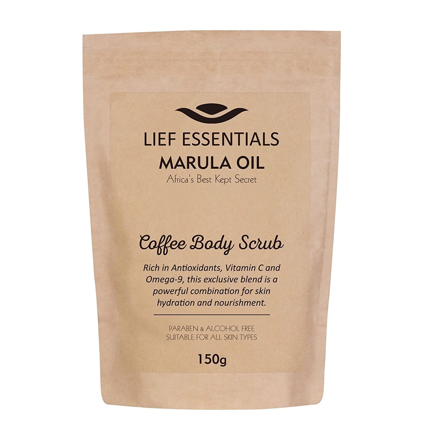 LIEF ESSENTIALS Coffee Body Scrub with Pure Organic African Marula Oil. Suitable For All Skin Types. Cruelty-free. Resealable Satchet. 150g