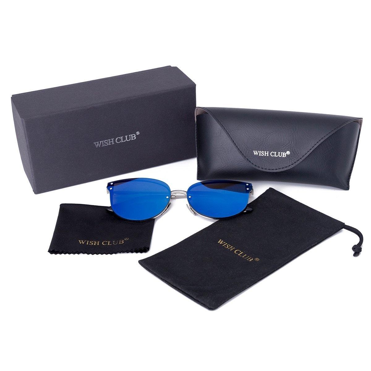 WISH CLUB Women Blue Oversized Cat Eye Sunglasses Designer Rimless Flat Mirrored Lenses Glasses