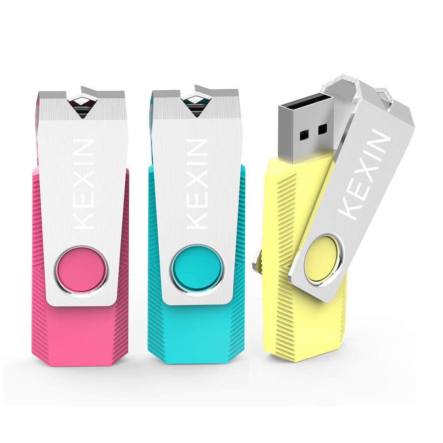 KEXIN USB Flash Drive 32GB 3 Pack USB Memory Stick 2.0 Swivel USB Stick USB Drive Data Storage Thumb Drive Pen Drive Zip Drive for PC/Table/Macbook/TV/Car(Yellow Pink Cyan)