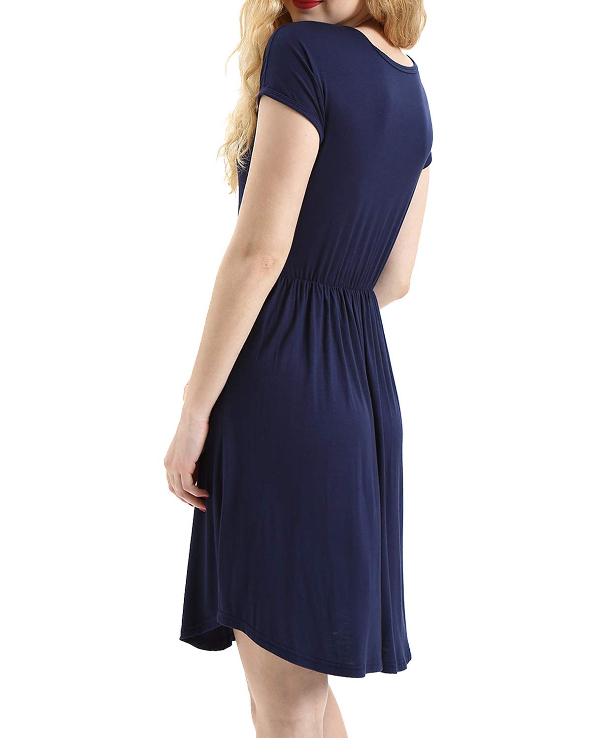 HUALAIMEI Dress Shirts for Women Business Casual, Ladies Scoop Neck Short Sleeve Midi Dresses Knee Length Comfy Long Tunic with Pockets Navy Blue L