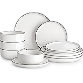 MALACASA Plates and Bowls Sets, 12 Pieces Modern Porcelain Dinnerware Set for 4 White Kitchen Dinner Dining Ware Set wtih Black Rim Ceramic Dishware Dishes Microwave and Dishwasher Safe, Series LUNA