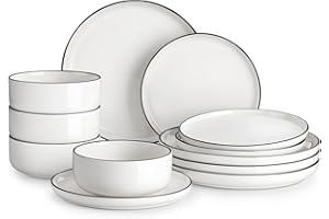 MALACASA Plates and Bowls Sets, 12 Pieces Modern Porcelain Dinnerware Set for 4 White wtih Black Rim Ceramic Dishware Dishes 