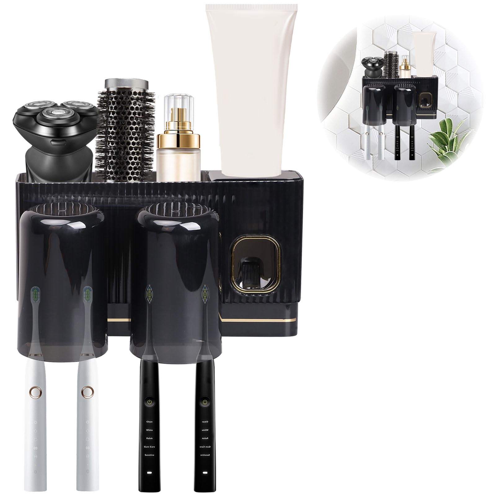 Yallmie Wall-Mounted Toothpaste Dispenser with 2 Cups and 4-Slot Toothbrush Holder for Bathroom