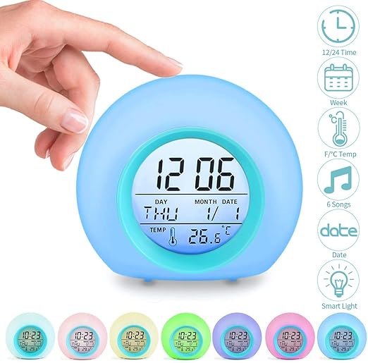 Jeteven Kids Alarm Clock Student Wake Up Digital Clock 7 Colors Changing Light Bedside Clock For Boys Girls Bedroom School With Temperature