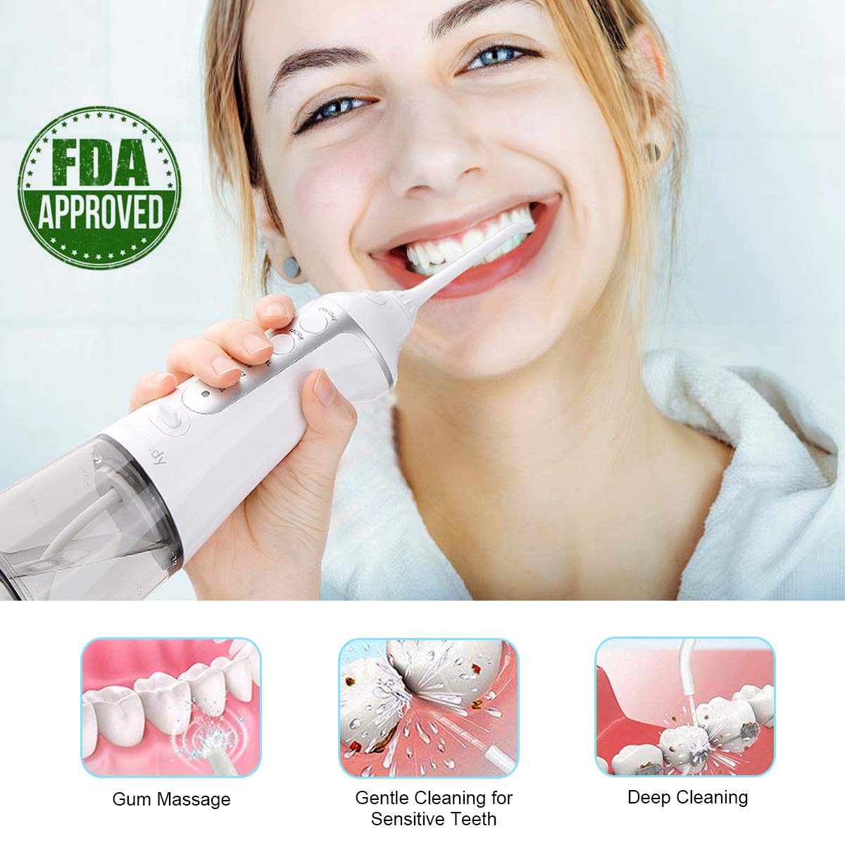 Cordless Water Flosser Oral Irrigator Portable- BeMyLady Electric Water Flosser Travel Rechargeable for Teeth Waterproof with Leak-proof Cleanable Water Tank