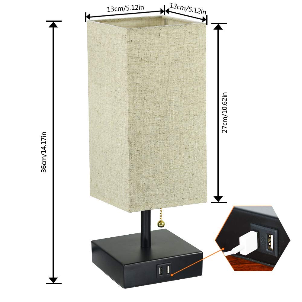 Dual USB Table Desk Lamp, Bedside Nightstand Lamp, Fabric Unique Lampshde,Convenient Pull Chain for Bedroom Living Room(Pack of 2) TY-801